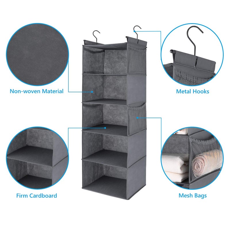 MAX Houser 5 Shelf Hanging Closet Organizer, Space Saver, Cloth Hanging Shelves with 4 Side Pockets, Foldable, Grey - Image 4